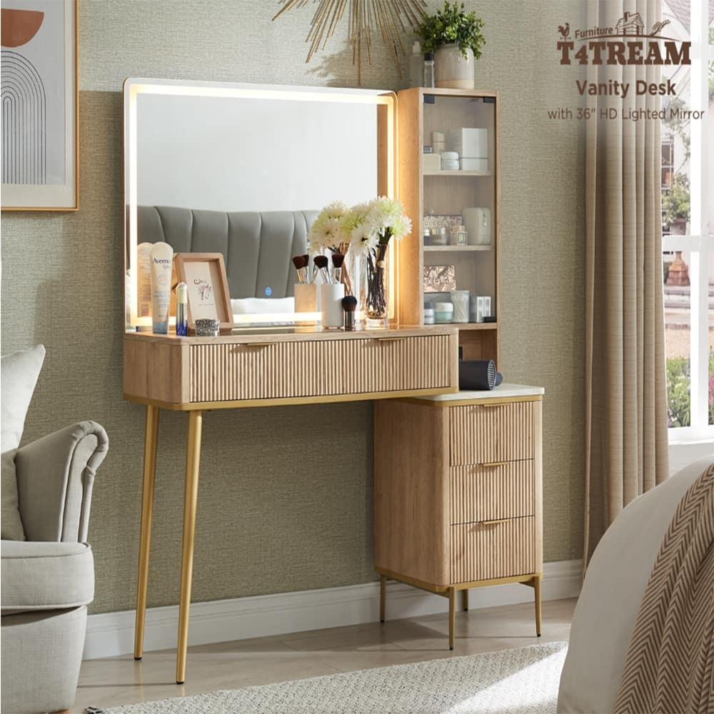 Fluted Makeup Vanity Desk, 44-Inch Vanity Table