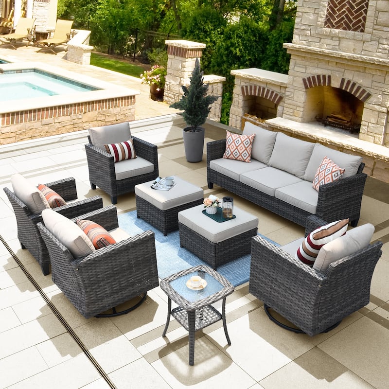 OVIOS 8-Piece Swivel Chairs Patio Wicker Conversation Furniture Set - Beige