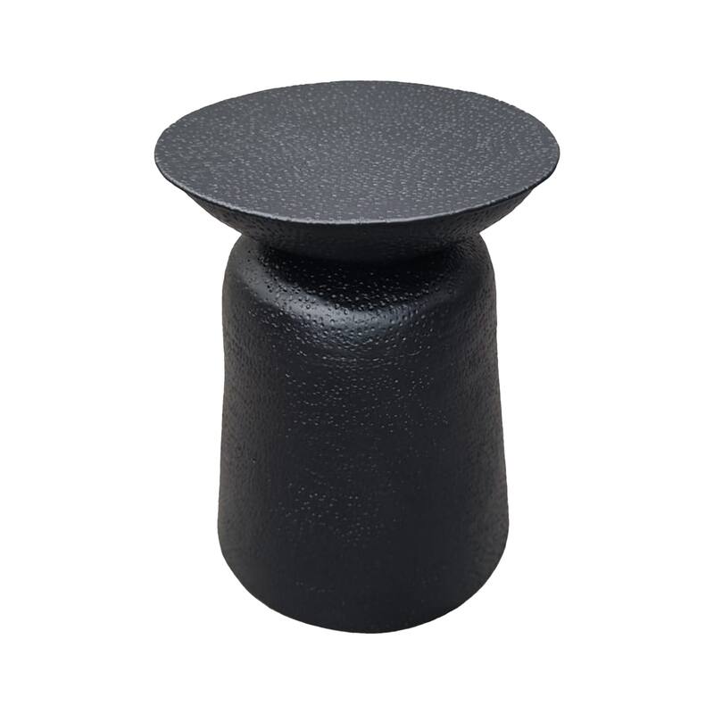 Josi 21 Inch Round Side End Table, Handcrafted Hammered Design, Drum Pedestal Aluminum Base, Matte Black