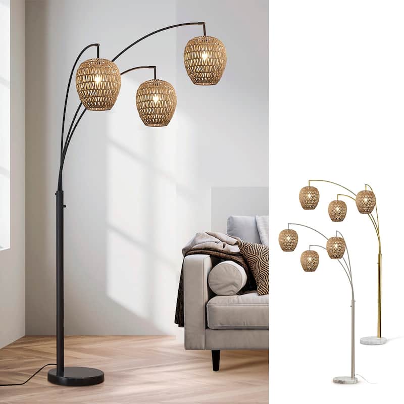 HOMEGLAM 83" 3-Light Oval Woven Rattan Arched Floor Lamp