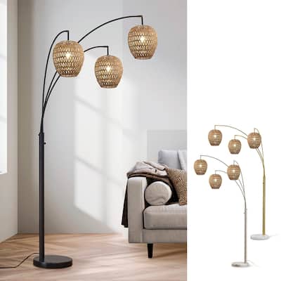 HOMEGLAM 83" 3-Light Oval Woven Rattan Arched Floor Lamp