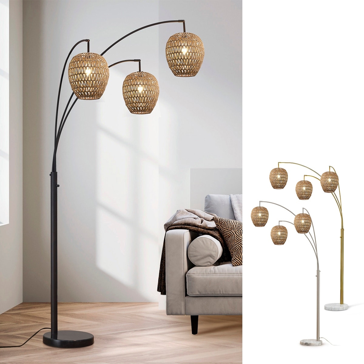 HOMEGLAM 83" 3-Light Oval Woven Rattan Arched Floor Lamp
