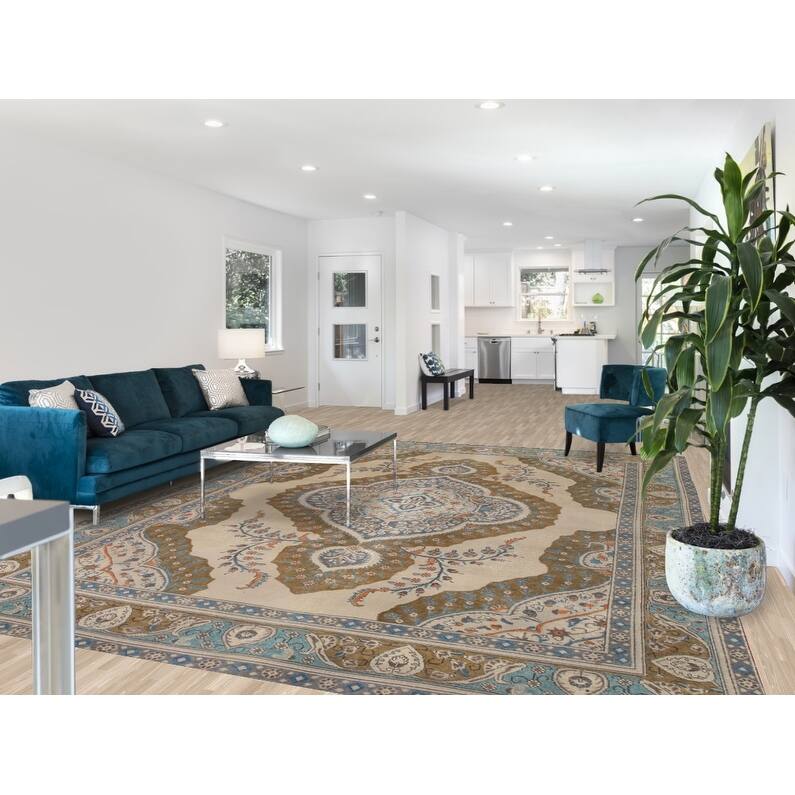 Hand Knotted Oriental 100% Wool Carpet Traditional Medallion Beige & Ivories Tabriz Area Rug - 12' 8'' X 9' 4''