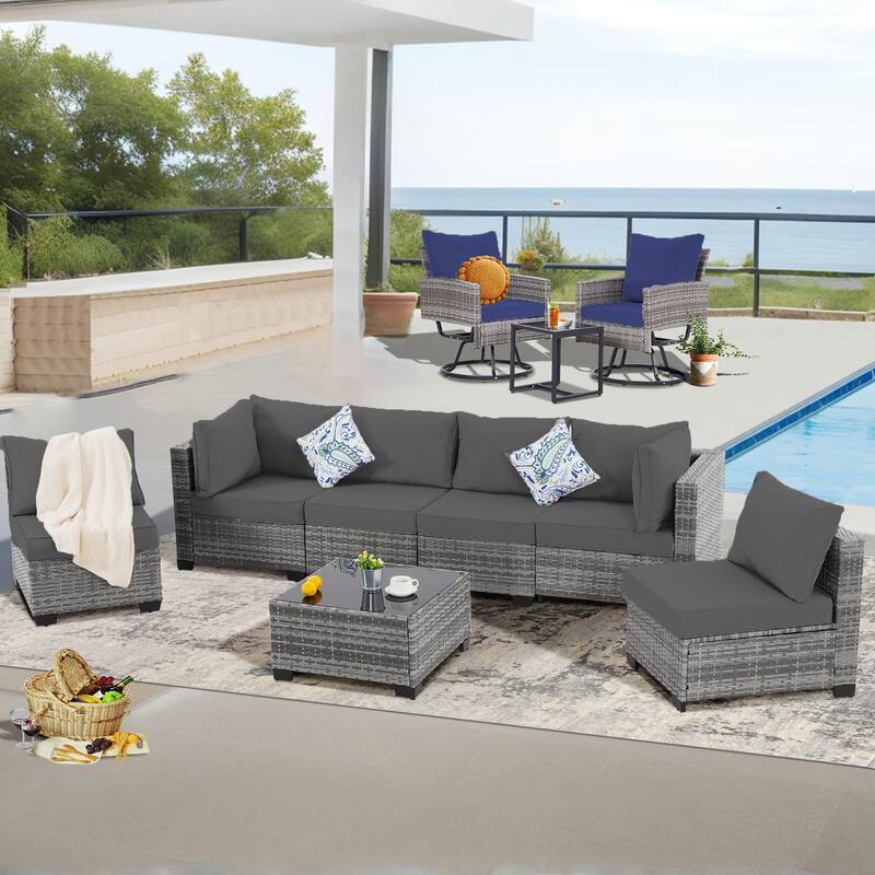 10-Piece Gray Wicker Patio Conversation Set,6 Sofas, 2 Swivel Chairs,2 Table - Gray/Blue