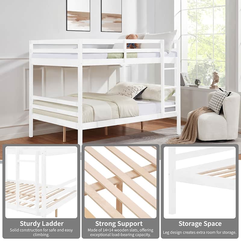 Full over Full Wooden Bunk Bed,High Guardrail,Ladder,Kids Teens,Dorm