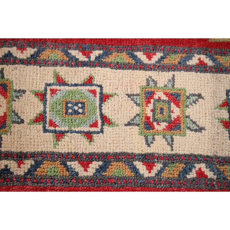 Geometric Red Kazak Accent Rug Hand-Knotted Bedroom Wool Carpet - 3'10" x 5'10"