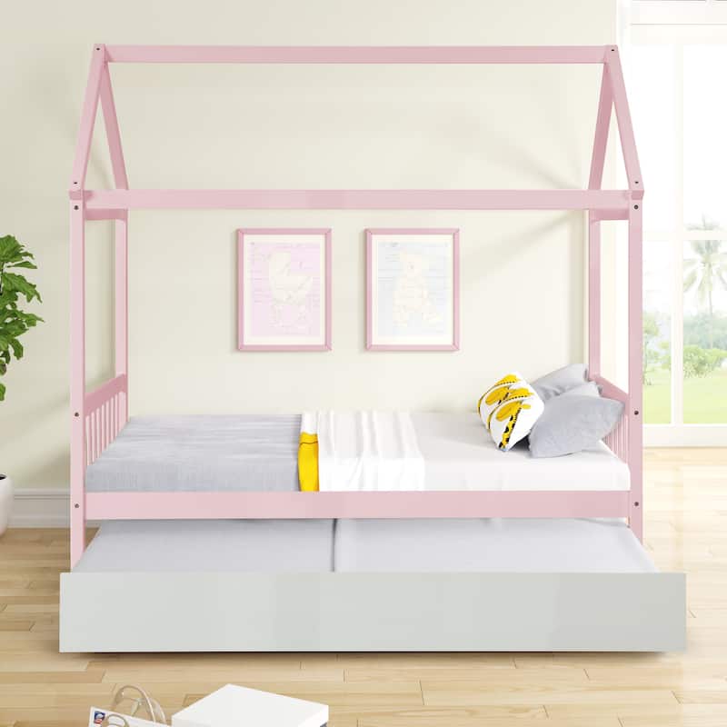 Twin Size Solid Wood House Bed Frame with Trundle