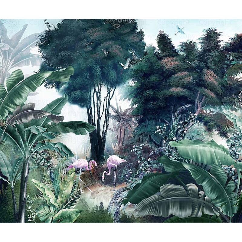 Exotic Jungle Mural Vibrant Flamingos and Tropical Foliage Design - Green - W:131" x H:118"