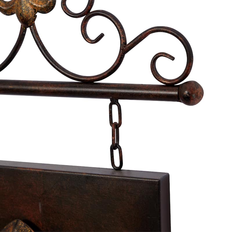 Bronze Metal Suspended Fleur De Lis Home Wall Decor with Scrollwork Hanger