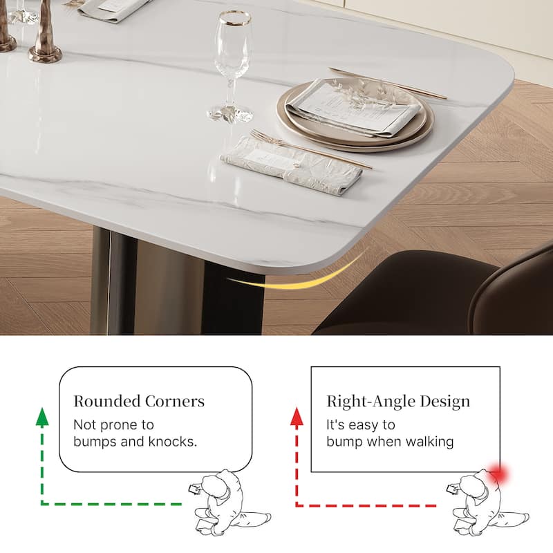 63" Modern Rectangular Dining Table for 4, White Glossy Sintered Stone Table Top,with double Stainless Steel Legs