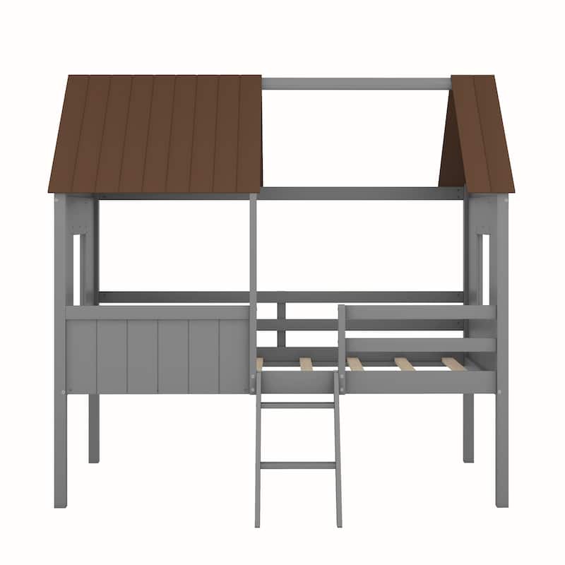 Playhouse Twin Low Loft Bed with Roof and Windows, Wooden Frame