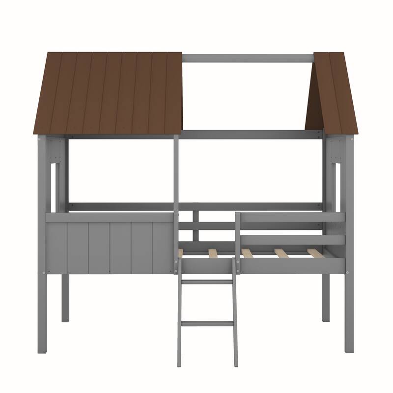Twin Size Low Loft Bed House Bed with Roof, Side Windows, Ladder and Safety Guardrail, Playhouse Bed with Wood Frame for Kids