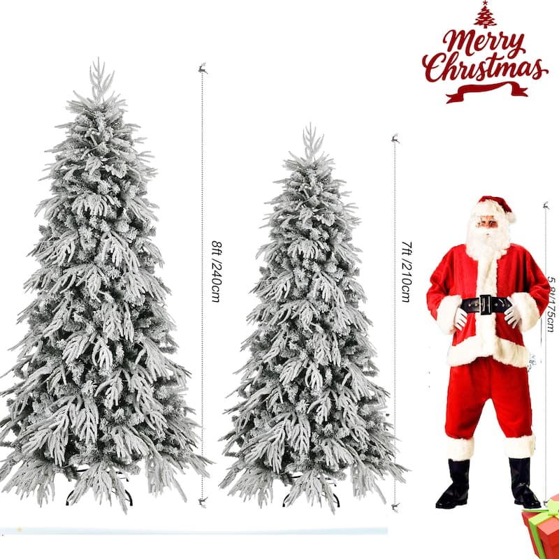 7ft/8ft Slim Flocked Pre-Lit Christmas Tree with 767/950 Tips and 250/350 Warm LED Lights, Metal Stand