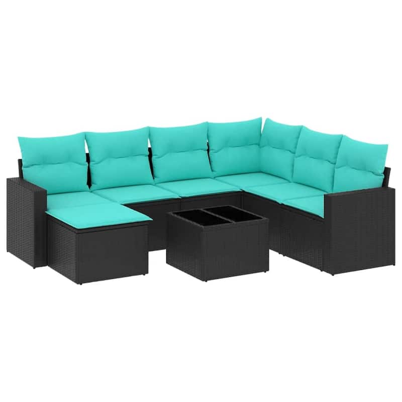 vidaXL 7/8 Piece Patio Sofa Set with Cushions Black Poly Rattan - 24.4" x 24.4" x 27.2"
