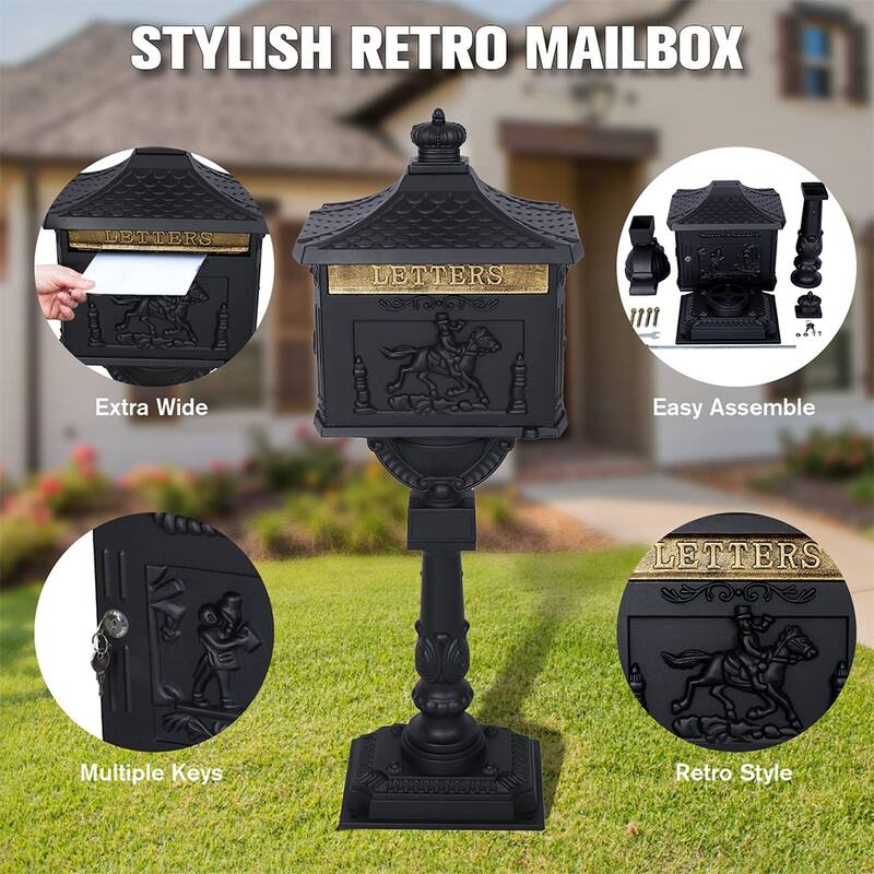 Aluminum Locking Mailbox with Post, Outside Weatherproof Mail Box - 45.5"T X 16.5"W