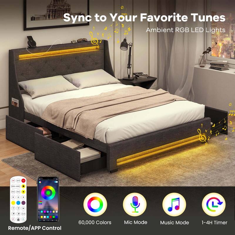 Costway Full/Queen Size Bed Frame with LED Lights & Charging Station