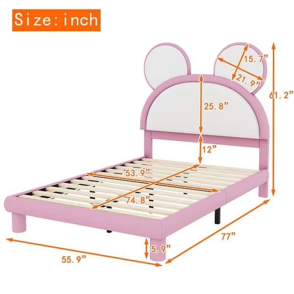 dimension image slide 1 of 2, Upholstered Platform Bed with Cartoon Ears Shaped Headboard and LED