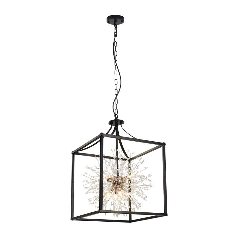8-Light Mid-Century Modern Square Caged Linear Crystal Chandelier Sputnik Starburst Pendant Light