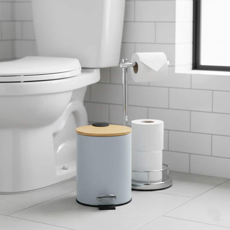 Stylish Trash Can with Bamboo Lid and Pedal, 2.5L Capacity - 9.2" H x 8" L x 8" W - Light Blue