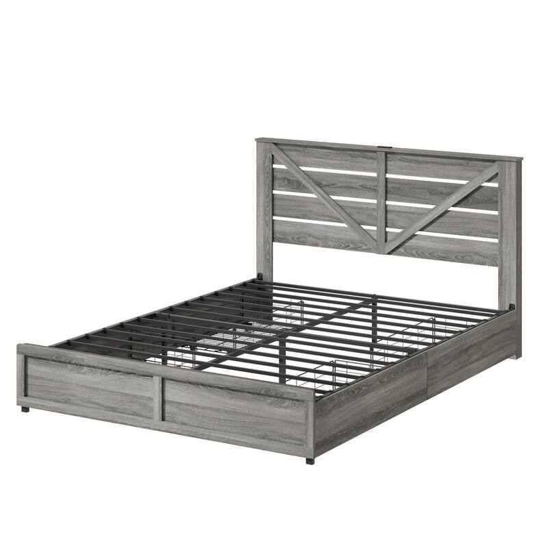 Full-size Storage Bed Frame with Storage Headboard (4 Storage Drawers on Bed Body + LED Lighting), Sturdy Metal Slat Base