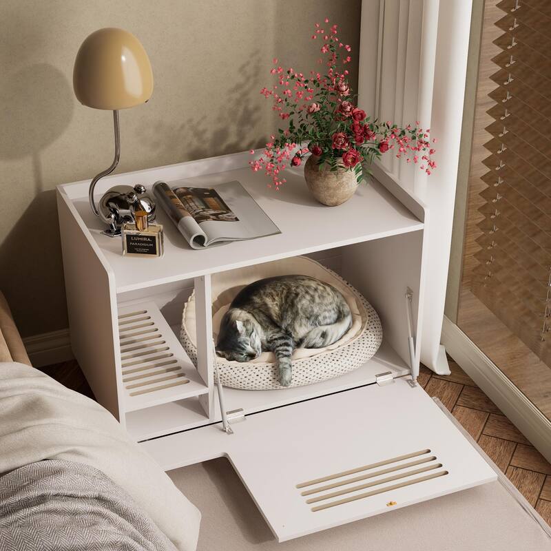 Cat Litter Box Enclosure,Hidden Litter Box Furniture with Top Side Fence,Wooden Pet House Side End Table