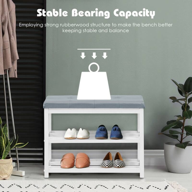 Gymax 2-Tier Wooden Shoe Rack Bench w/Padded Seat for Entryway Bedroom - 31'' x 16'' x 24''