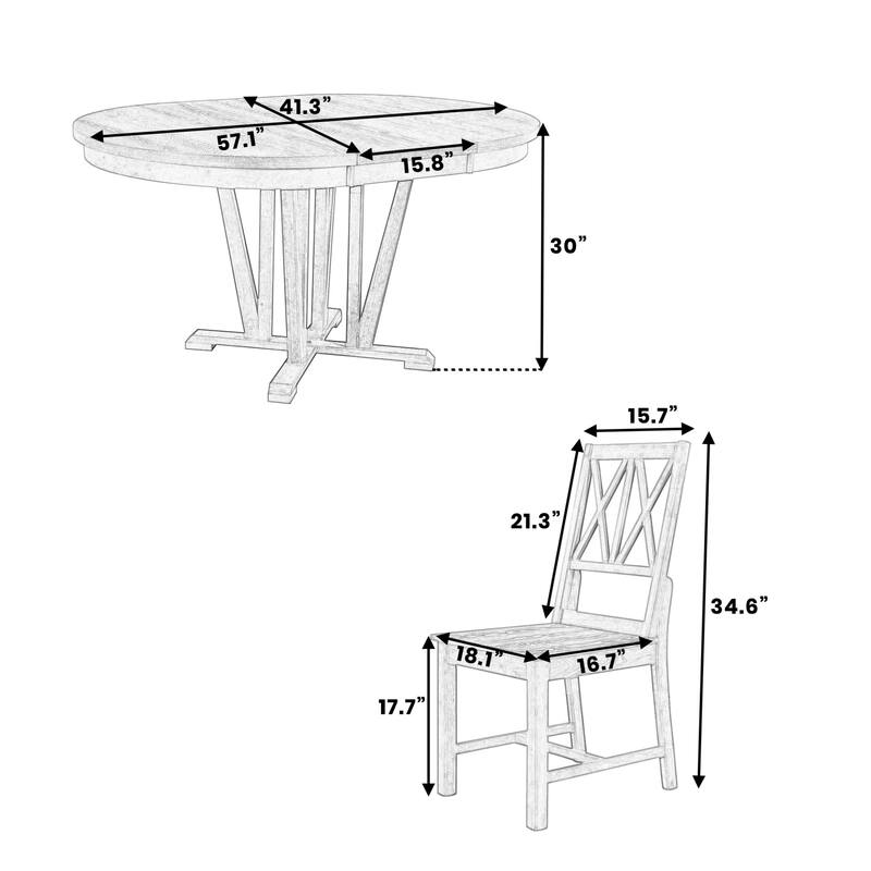 Rustic 5-Piece Extendable Dining Table Set with Round Trestle Table and 4 Cross Back Dining Chairs