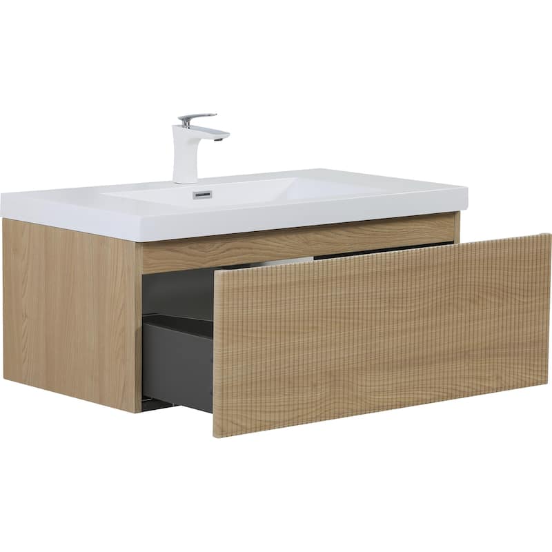 36'' Floating Bathroom Vanity with Sink Combo, Modern Wall-Mounted Striped Bathroom Storage Cabinet with Soft-Close Drawer