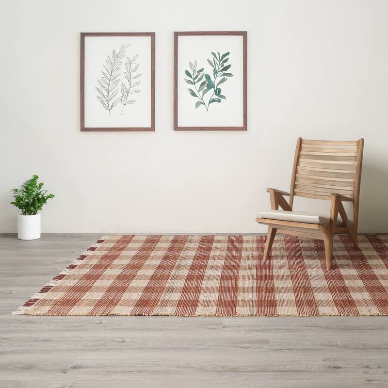 Area Rug, Jute Rug, Durable Dark Brown Plaid Rug, 5X7 ft - 5' x 7'