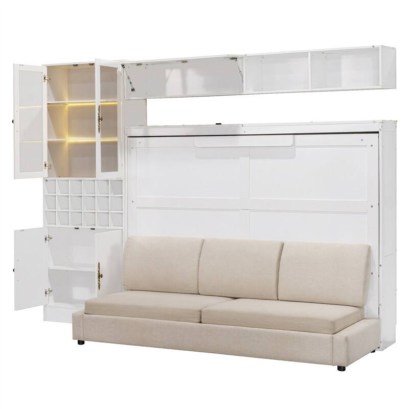 Full/Queen Size Murphy Bed Wall Bed with Sofa, Light and USB Charging, Foldable Murphy Cabinet Bed w/ Storage Shelves & Cabinets