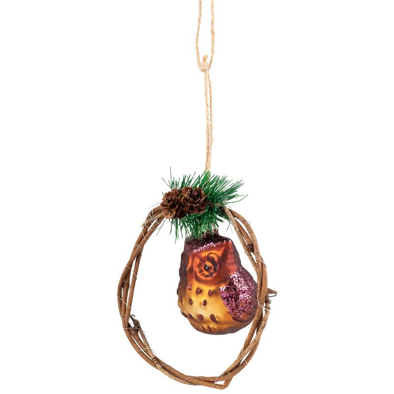 Glittered Owl in a Twig Wreath Glass Christmas Ornament - 5.25" -Brown