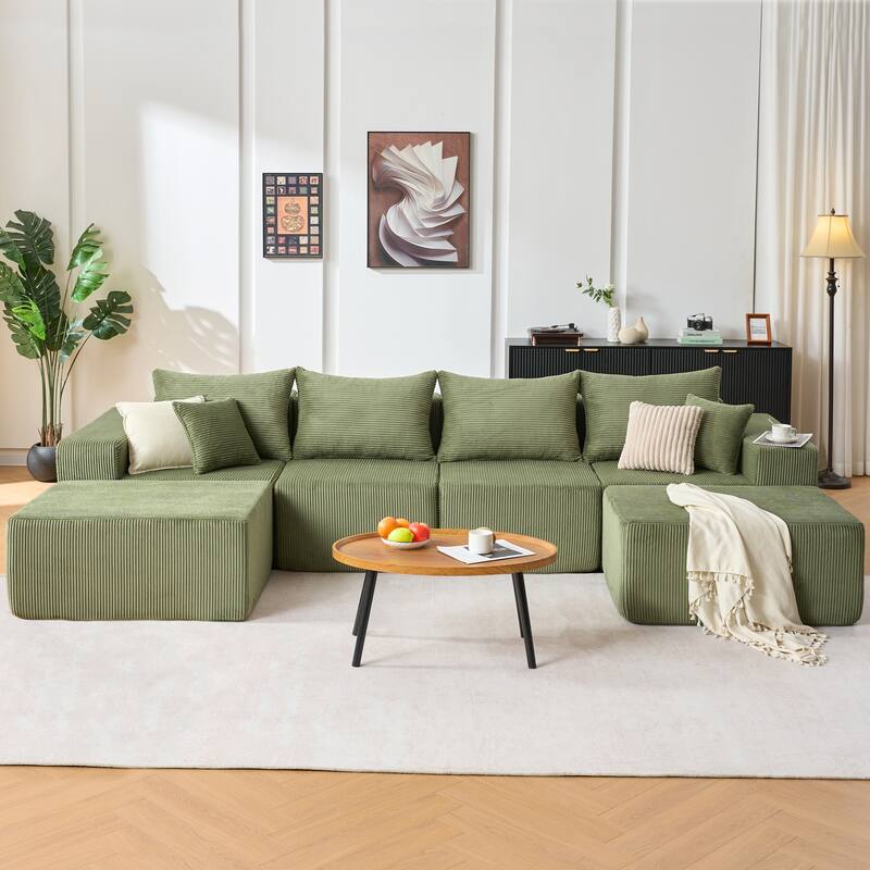 6-Piece Modular Sectional Sofa Set for Living Room, U-Shaped Corduroy Sectional Sofa with Ottomans, Green - Green - Reversible