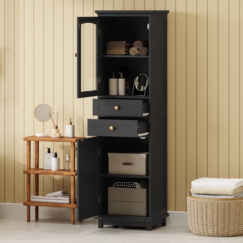 Tall Bathroom Storage Cabinet with Glass Doors and Adjustable Shelves
