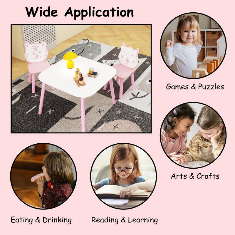 Anmytek Toddler 3-Piece Wooden Table and Chair Set Kids Activity Desk with Animal Backrest for Playroom Nursery