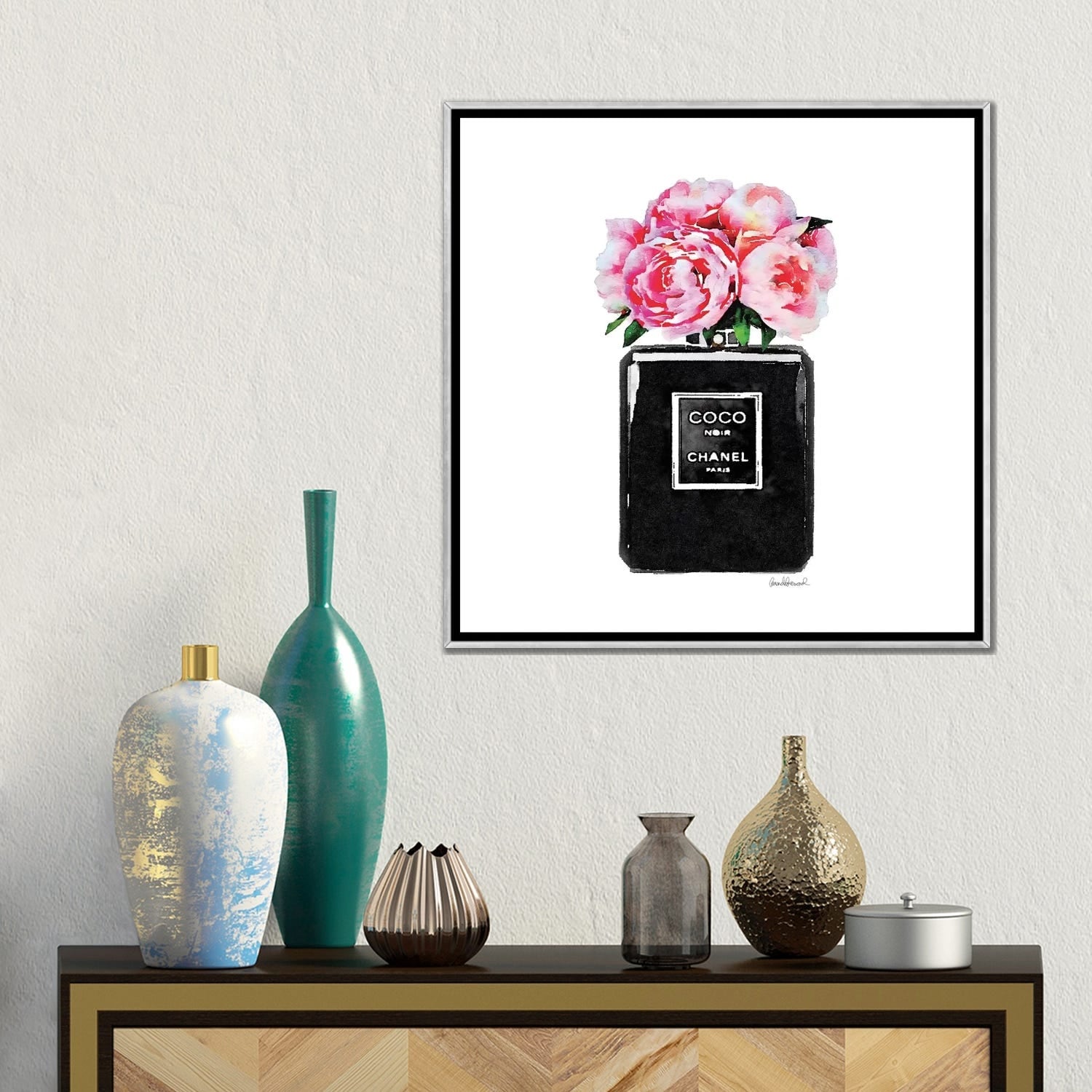 iCanvas Coco Noir Perfume With Pink Peonies by Amanda Greenwood
