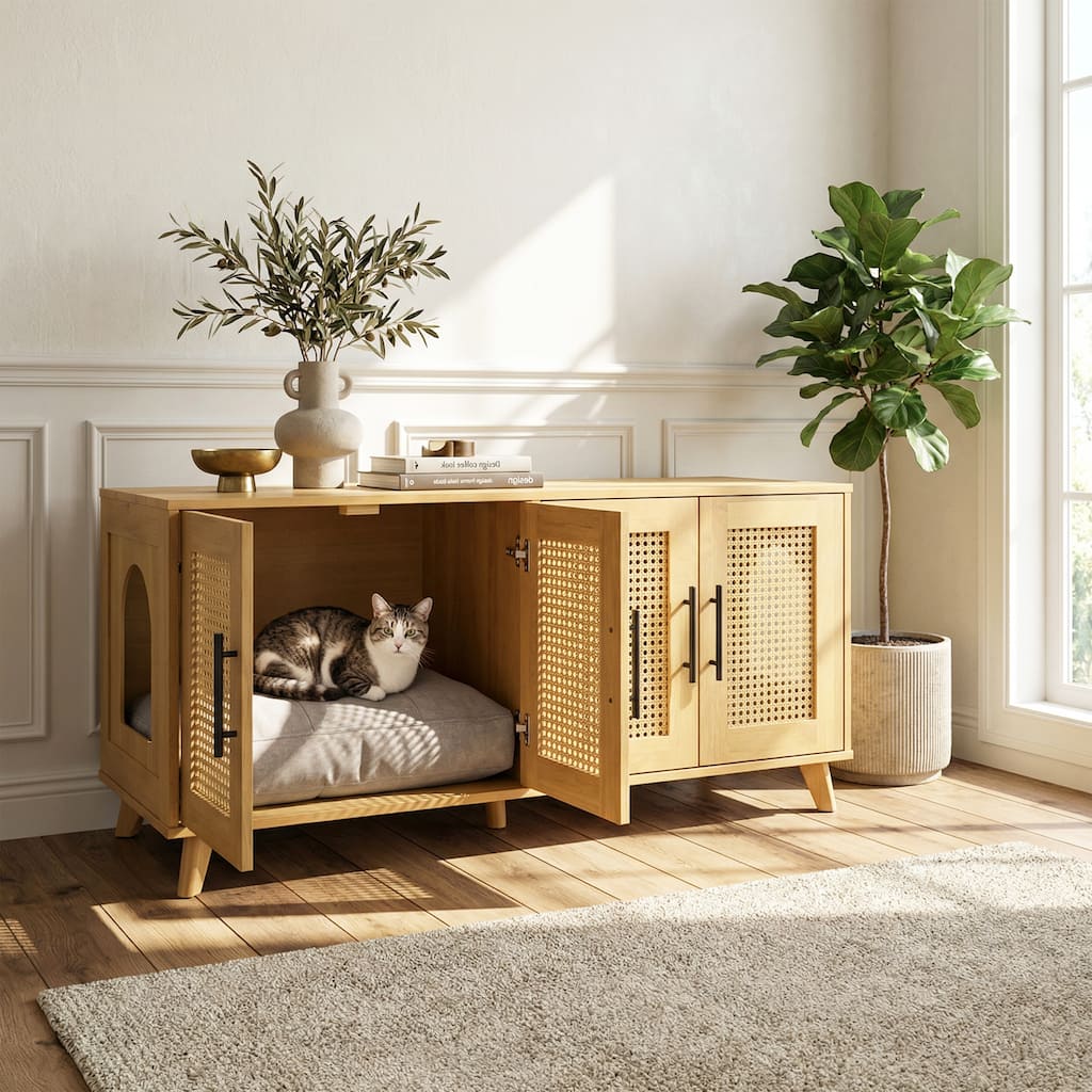 Christopher Knight Home - 47"W Rubber Wood Cat Cabinet with Rattan Doors & Cushion