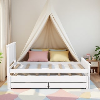 Twin Size Platform Bed with Trundle and 2 Drawers, Solid Pine Wood ...