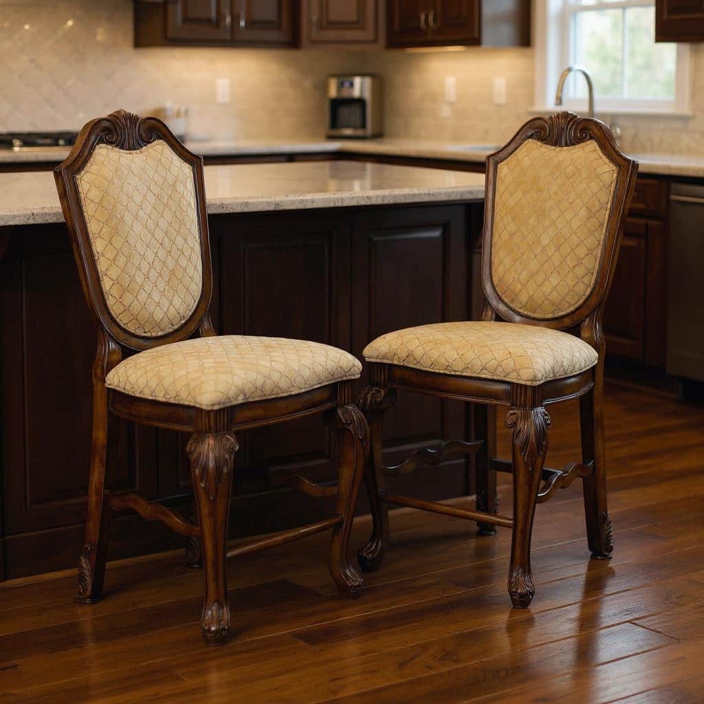 HomeRoots Set of Two 24" Beige and Espresso Fabric and Solid Wood Counter Height Bar Chairs