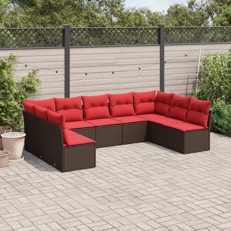 vidaXL 9/10 Piece Patio Sofa Set with Cushions Brown/Gray Poly Rattan - 21.7 x 24.4 x 27.2