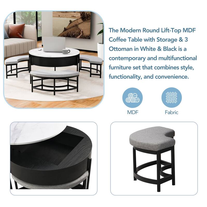 Roomfitters Modern Round Lift-Top Coffee Table with Hidden Storage, 3 Upholstered Ottomans