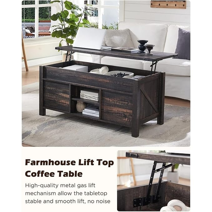 Farmhouse Lift Top Coffee Table, Rustic Center Table, Lifting Tabletop