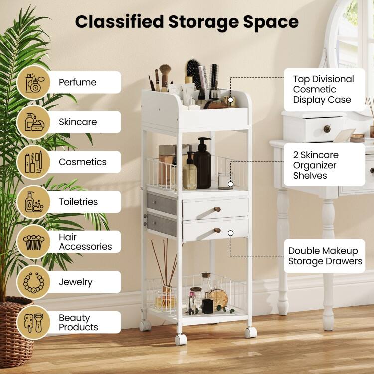 White Rolling Makeup Organizer with Drawers and Shelves Metal Vanity Storage Cart with Wheels - 12" x 12" x 35.5"