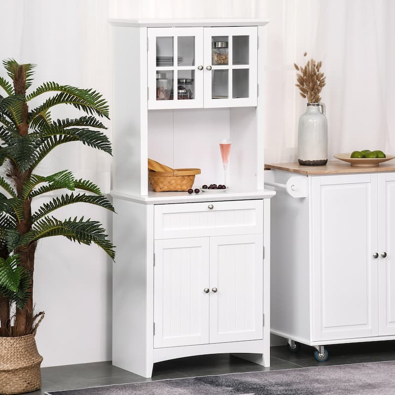 Elegant Buffet with Hutch, Kitchen Pantry Storage Cabinet with Framed Glass Door Drawer and Microwave Space, White