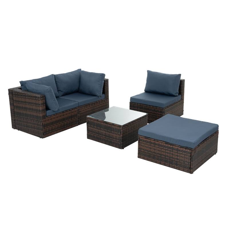 GDFStudio - Stylish 5-Piece Outdoor PE Wicker Patio Set with Tempered Glass Coffee Table, Seats 4