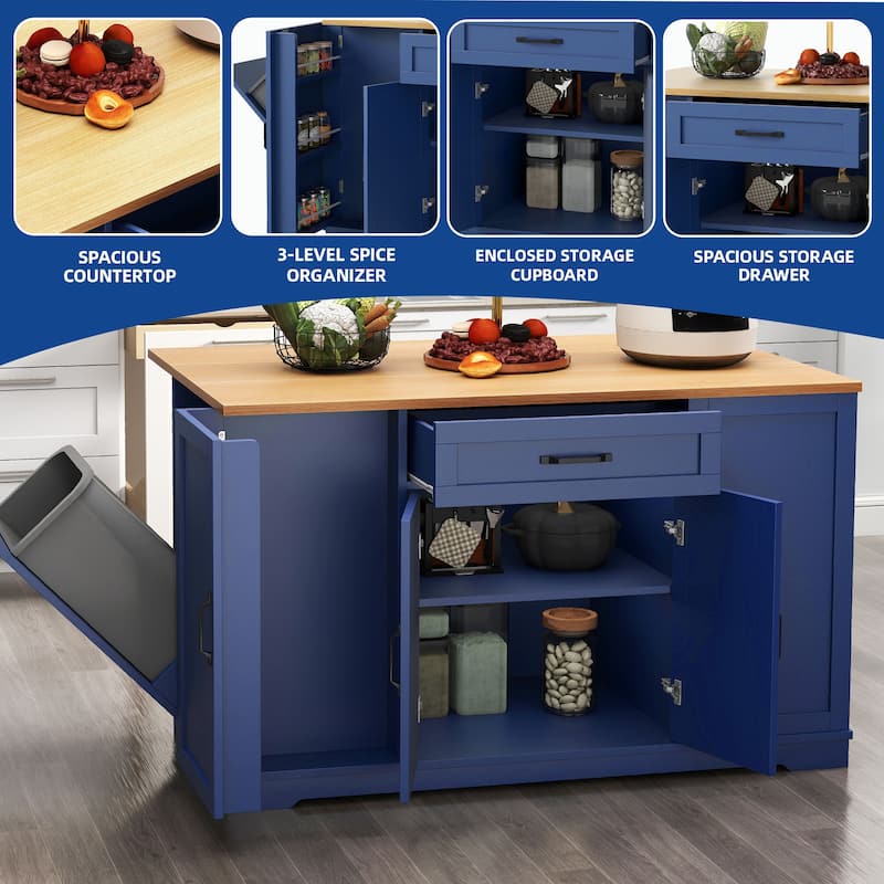 Moasis Rolling Kitchen Island with Trash Can Storage and Power Outlet &Spice Rack