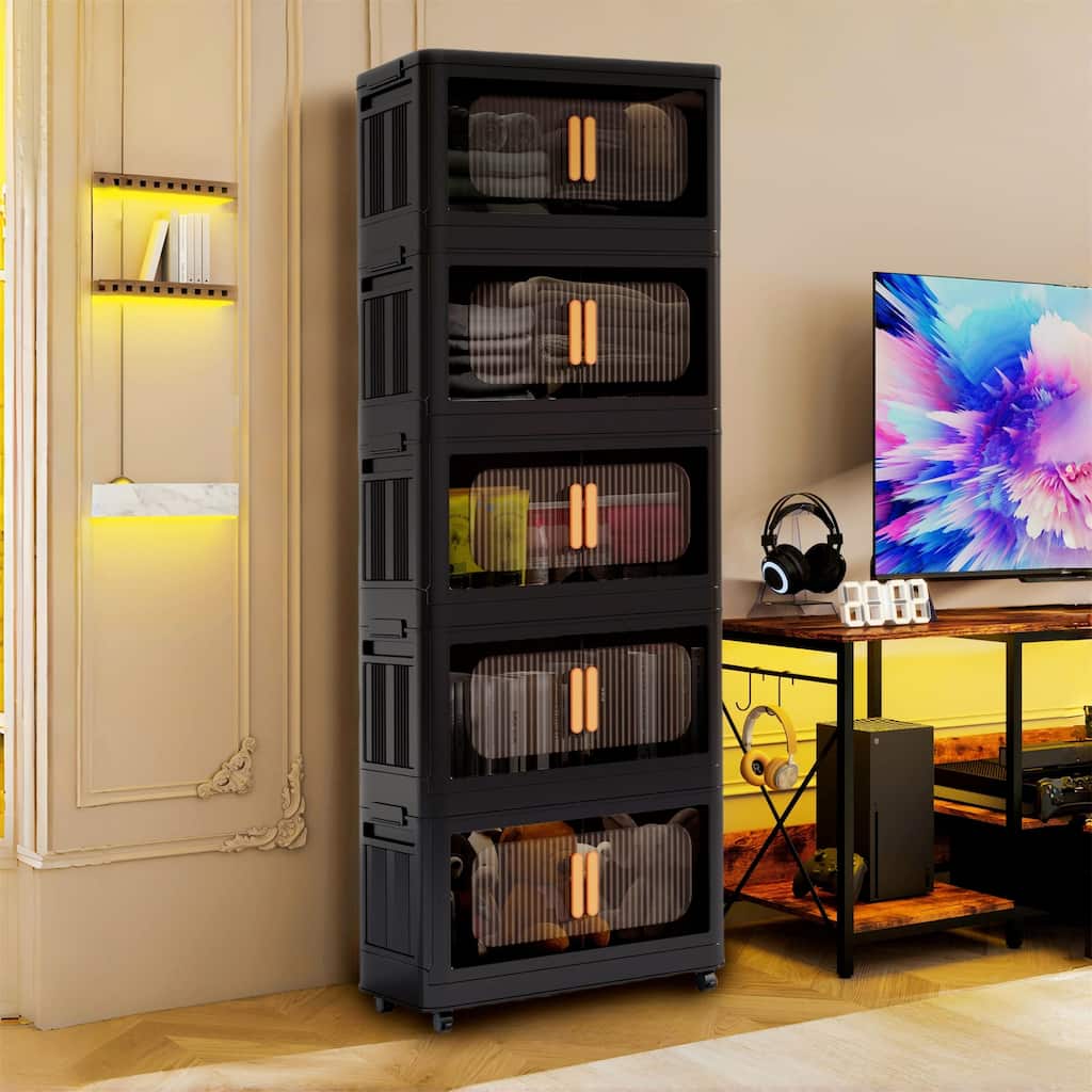 5 Tiers Black 24" Side Wide Folding Storage Cabinet