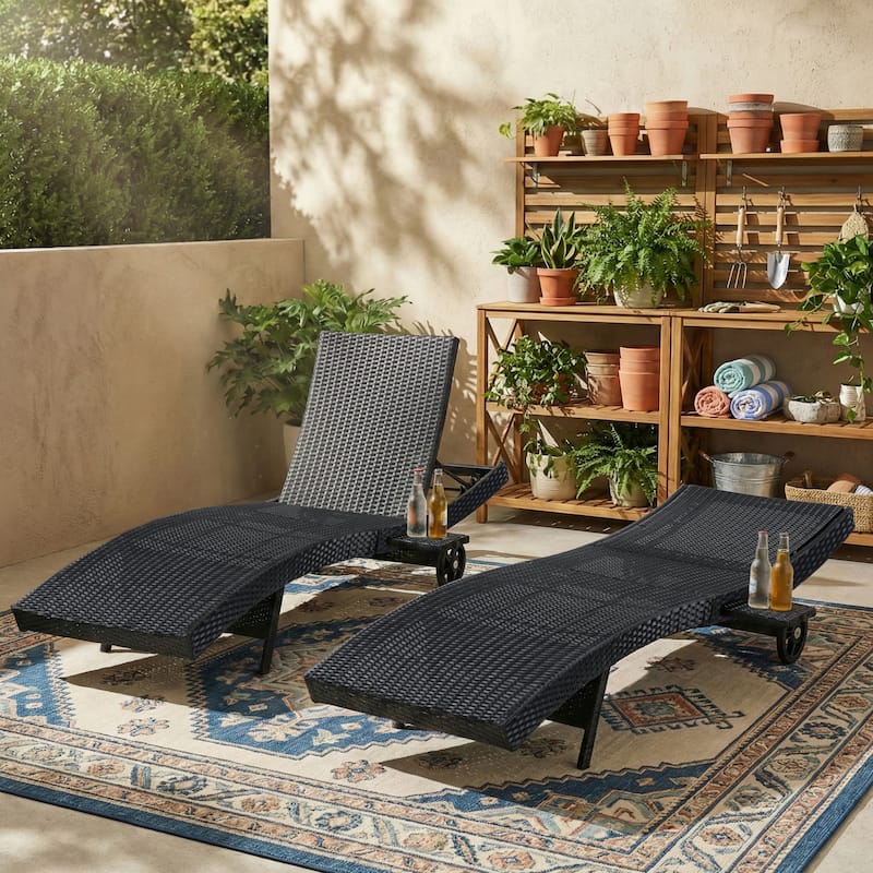 80"Patio Chaise Lounge Chairs Set of 2, Rattan Reclining Chair w/Rolling Wheels & Pull-out Side Table, Adjustable Backrest - Black
