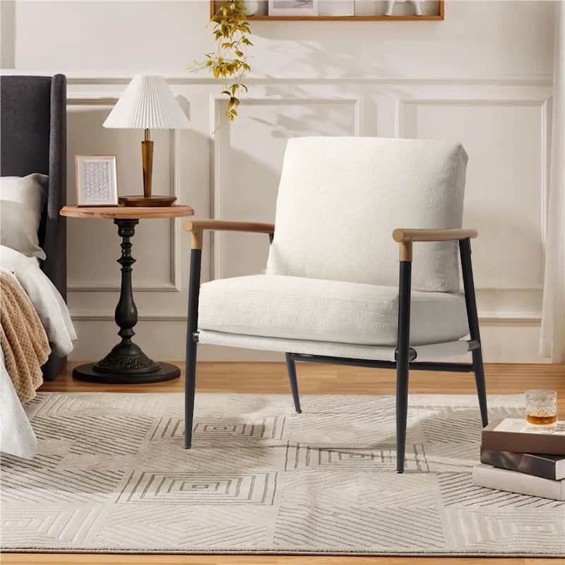 Modern Industrial Metal Frame Upholstered Accent Chair Armchair - 1 SET - Beige Chenille