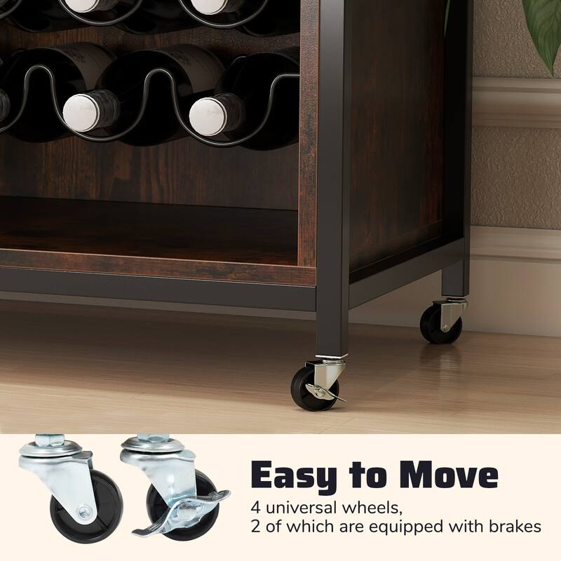 Gymax Wine Bar Cabinet w/ Wheels LED Lights Storage Shelves Glass