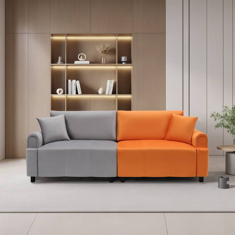 Pocassy Futon Sofa Bed,Modern Velvet Sofa Sleeper Seater Couches - Light Gray with Orange